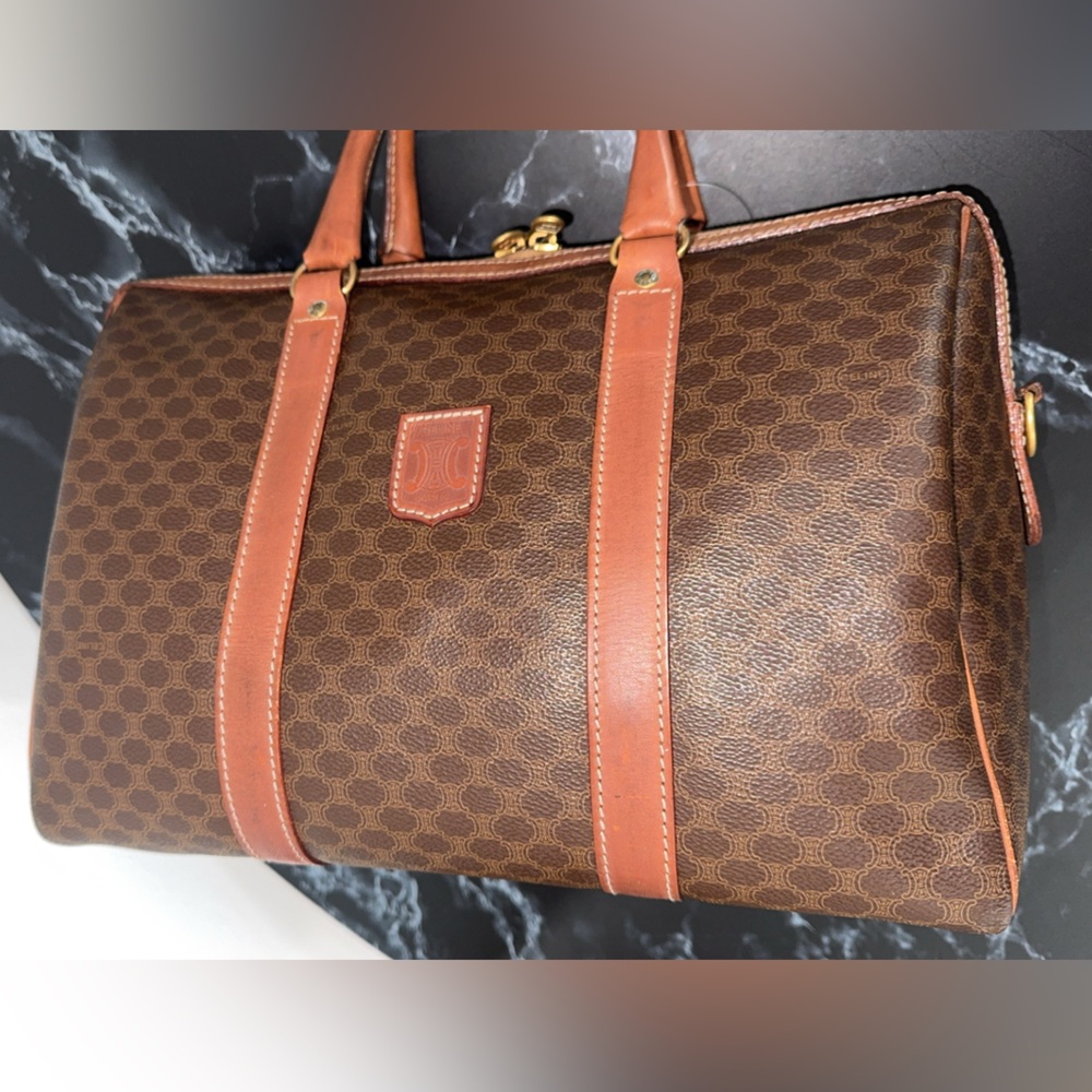 CELINE MACADAM PATTERN BOSTON BAG BROWN PVC GOLD w/ KEY LOCK AUTHENTIC - Picture 7 of 15